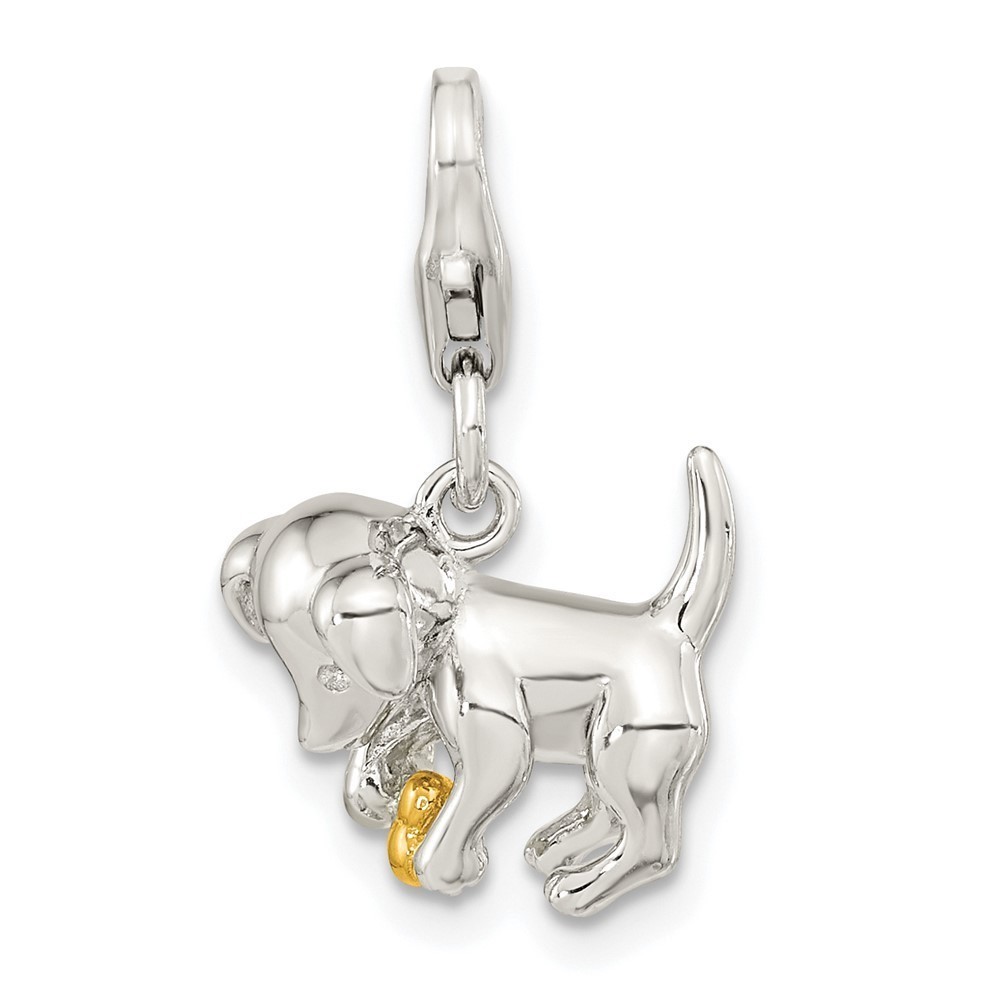 925 Silver & Gold-plated 3-D Puppy Holding Bone Bracelet Charm Lobster Clasp